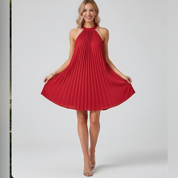 Red Tie Back Pleated Halter Dress - Picture 4 of 7